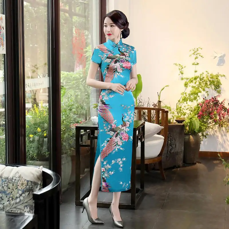 Весна осень Cheongsam китайский женский цветок и Павлин Qipao с длинным рукавом vestidos винтажное женское вечернее свадебное платье S-3XL - Цвет: Short SleeveSky Blue