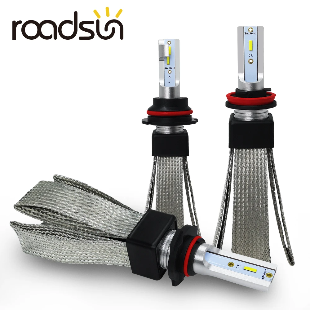 Roadsun огни автомобиля светодиодный H4 H7 H11 H1 H3 880 9005 9006 9007 H27 HB3 HB4 светодиодный фары лампы авто лампы со светодиодными кристаллами для помощи при парковке 12V 6000K