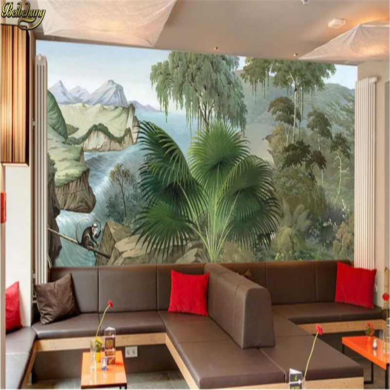 

beibehang Custom Wallpaper Mural Wall Sticker European Style Hand Painted Rainforest Canyon Basho Monkey Mural Background Wall