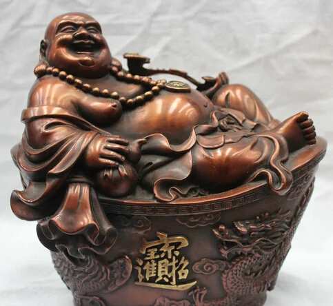 

JP S61 Lucky China Bronze Happy Laugh Maitreya Buddha On Dragon Phoenix Yuanbao Statue (B0328)