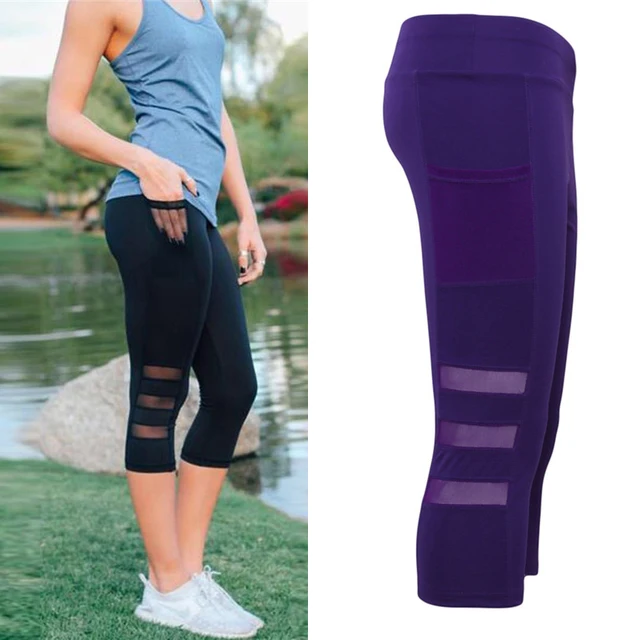 2018 Black Sexy Fitness Sporting Capri Pants Women's High Waist Elastic Mesh Legging Pants With Pocket Cropped Trousers Leggings