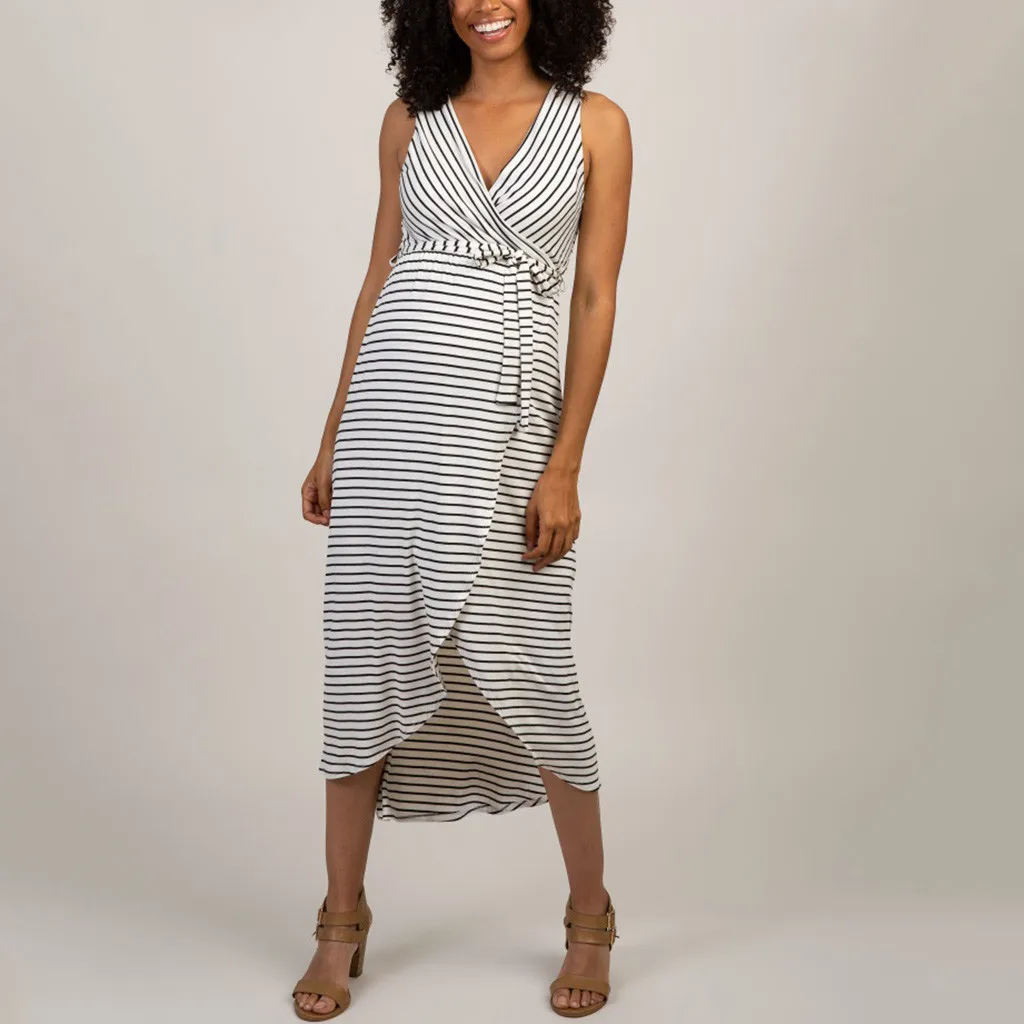 

Summer Maternity Dresses Casual Sleeveless Stripe Wrap Dress Long Sexy Party Evening Dress Maternity Clothes For Pregnant Women