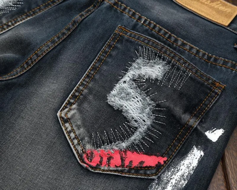 Высокое качество Мужские джинсы Рваные красочные печатных Демин брюки для девочек Slim Fit прямые повседневное классический хип хоп мотобрюки