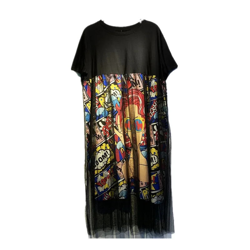 

QING MO Women Black Beauty Print T Shirt Dress Women Summer Mesh Patchwork Dress Women Mid-Calf Long Dress 2019 ZQY1064