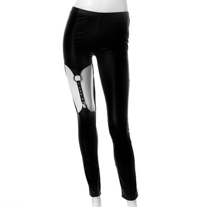 

Harajuku Leather Strap Ring Hollow Rivet Women Leggings Punk Pencil Pants Female