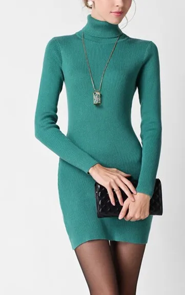 Специальные смесь шерсти и кашемира Женская мода хип-пак пуловер платье свитер джокер цвет средней длины s-xl - Цвет: peacock blue green
