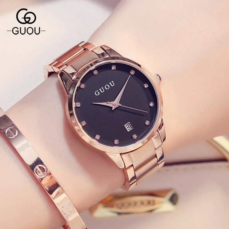 

GUOU Simple Luxury Women Quartz Watch Female Full Stainless Steel Quality Diamond Ladies Dress Casual Watches Reloj Mujer 8186