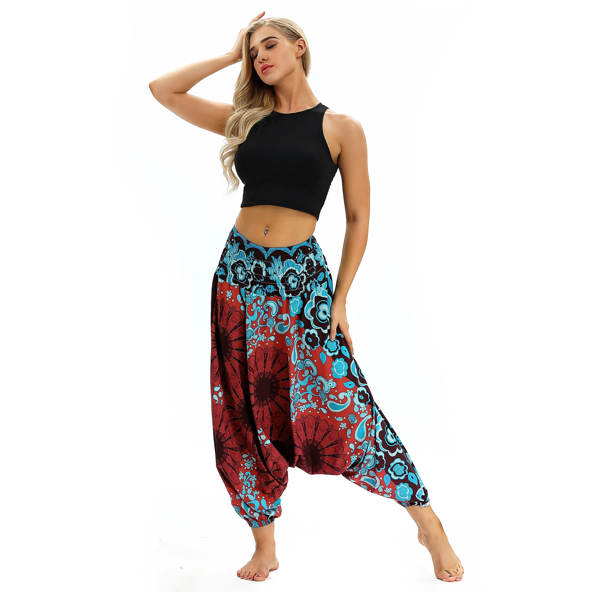 Женские Модные свободные штаны, мешковатые, бохо, повседневные, с принтом, Аладдин, гарем, тайские Непальские штаны для йоги, дикие спортивные шаровары - Цвет: YCL015