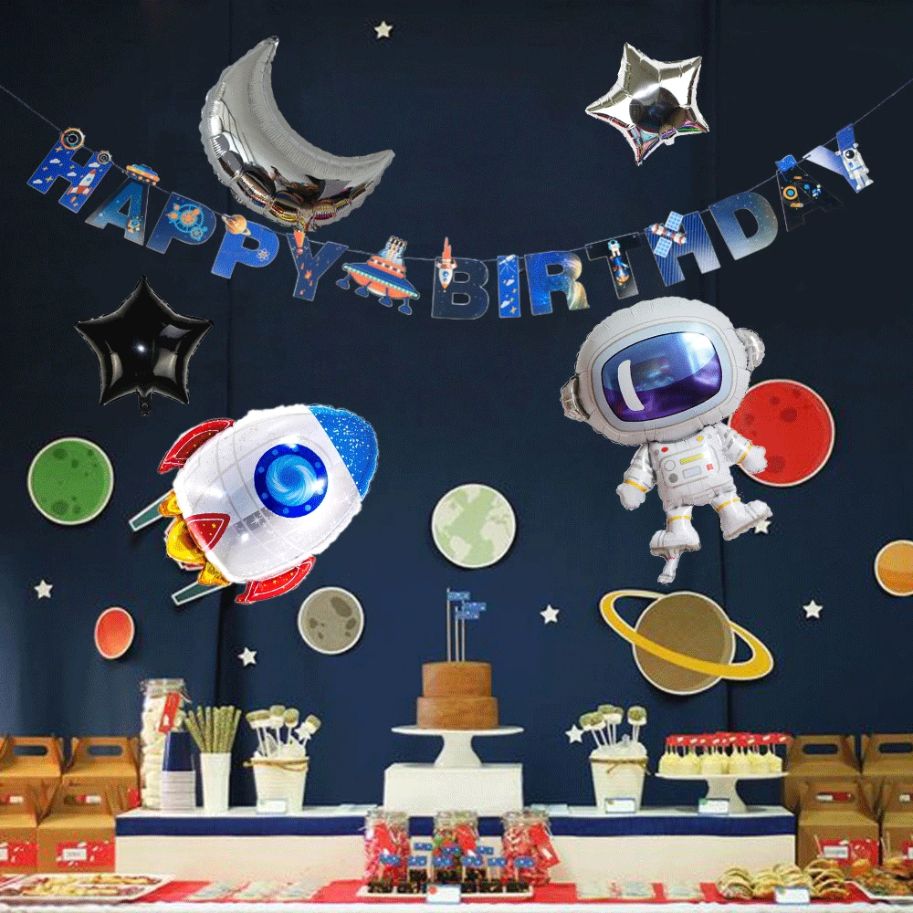 

Outer Space Party Deco Supplies Astronaut Theme Foil Balloons Moon Star Fluorescence Wall Sticker Cake Topper Boy Birthday Favor