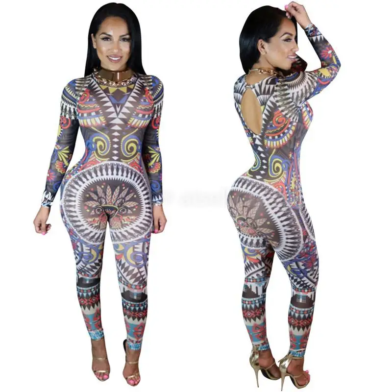 Для женщин Дамы с длинным рукавом Прозрачный Bodycon печатных клубный комбидресс