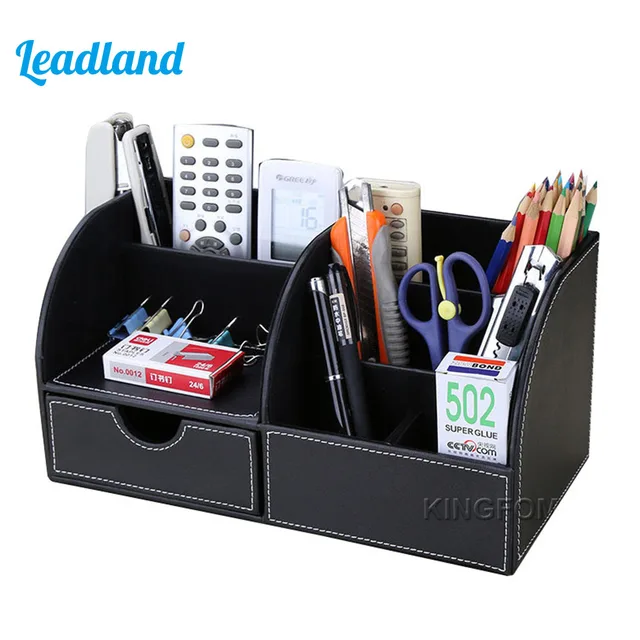 $26.99 Kingfom Multi-functional Storage Organizer Office Stationery Holders Remote Controller Box With Wooden Structure PU leather A259