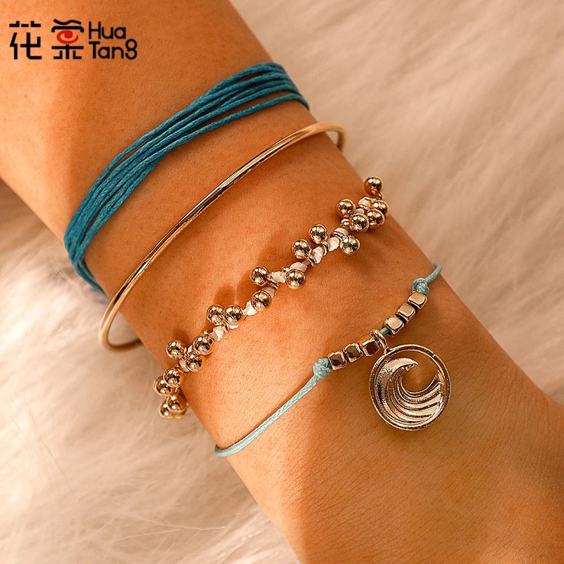 

HuaTang Bohemian Blue Rope Beaded Bells Mutilayer Bracelet Set for Women Metal Open Adjustable Bangle Bracelets Pulsera 7003