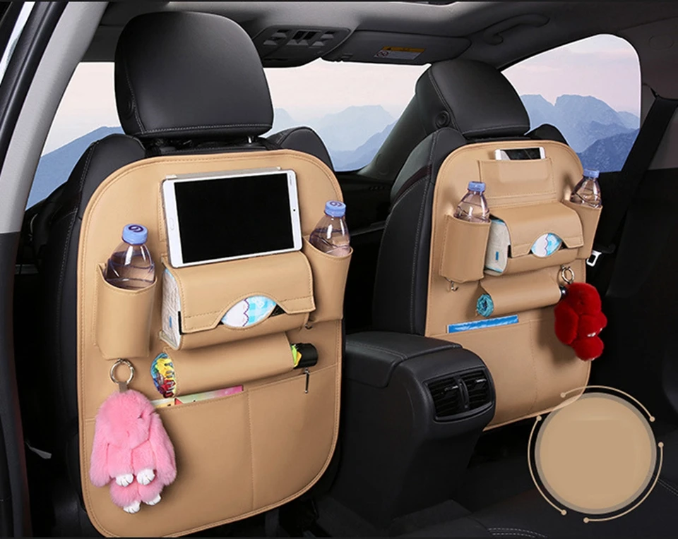 

Multi-pocket Car Back Seat Storage Bag Chair Back Bag Cover Organizer Multifunction Vehicle Water Cup Holder Beige YY-2