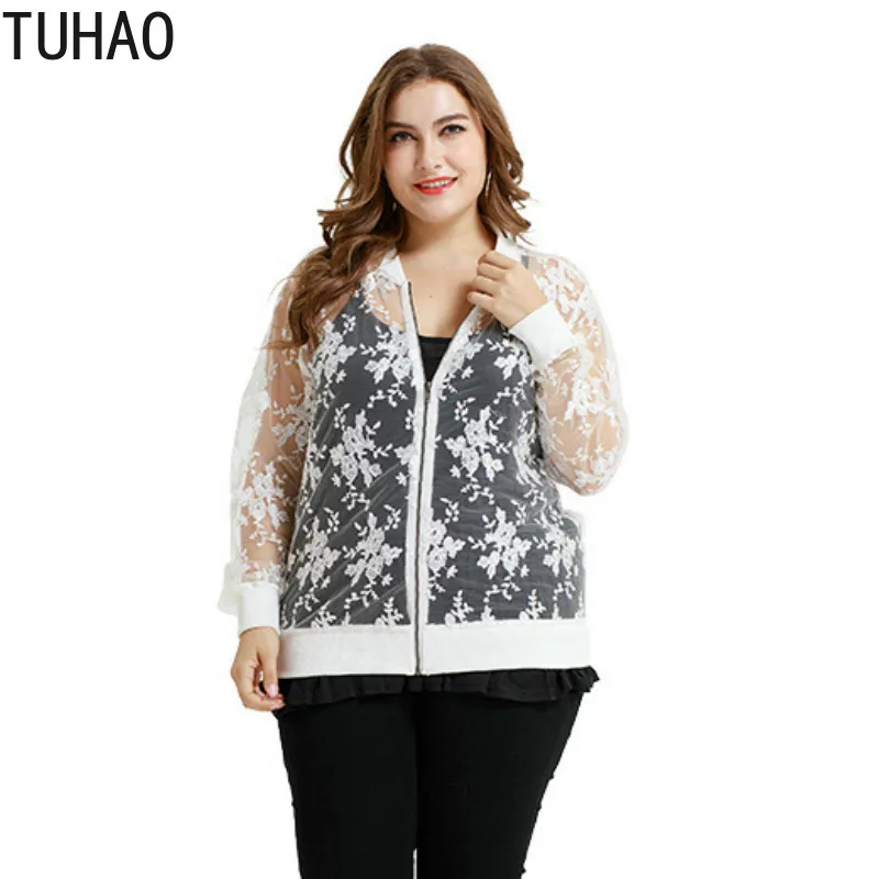 

TUHAO 2019 SPRING SUMMER White Woman Coat Plus Size 3XL Elegant Embroidery Hollow Out Jacket Office Lady large size clothes YQ10