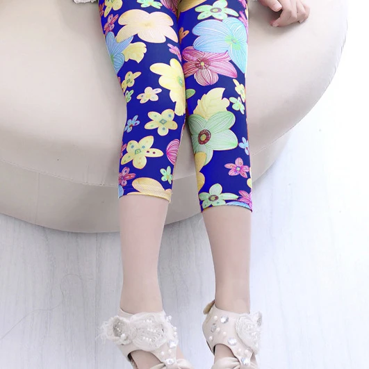 Детские штаны, леггинсы для девочек, леггинсы с цветочным рисунком детские брюки-Капри из молочного шелка г. Летние милые дышащие Капри с принтом для девочек - Цвет: blue ground qisehua