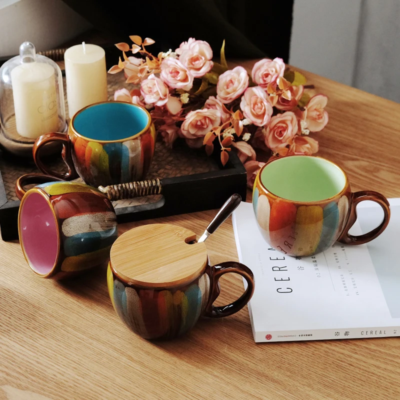 

Vintage mark Mug cup ceramic Coffee Cup with lid with spoon Milk breakfast cup cover tazas para cafe disposable plastic cups