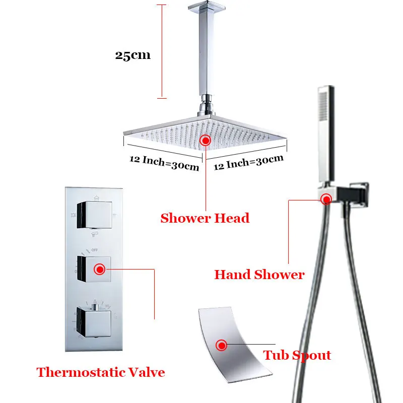ULGKSD Термостатический смеситель для душа, набор, твердая латунная душевая головка W/Ручной смеситель для душа, потолочное крепление для ванной комнаты - Цвет: 12 inch
