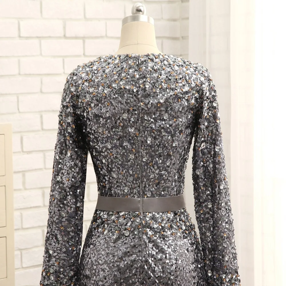 Серые Вечерние платья Русалка с длинными рукавами блестящее длинное вечернее платье с блестками и кристаллами платье для выпускного вечера