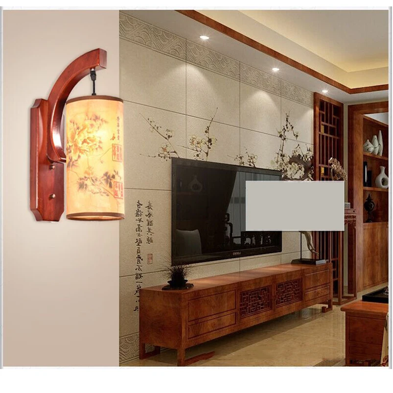 Retro Chinese wall lamp wall sconce antique Wood Parchme stair aisle corridor bedroom living room cafe lamp,E27 wall light bra