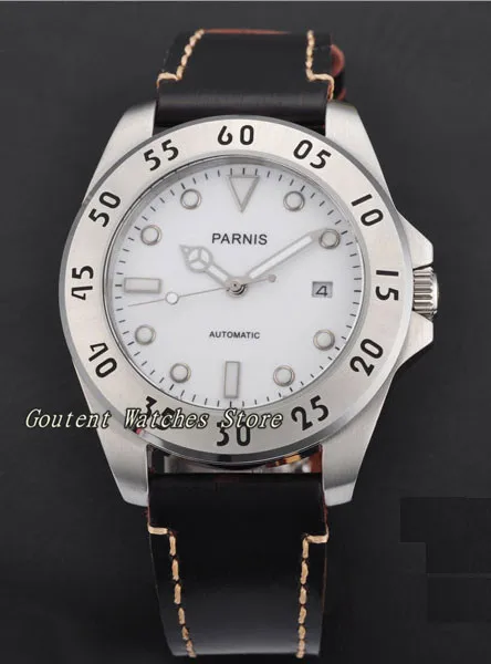 43mm Parnis Sapphire Glass White Dial Mechanical Stainless Steel Case Automatic Men's Watch