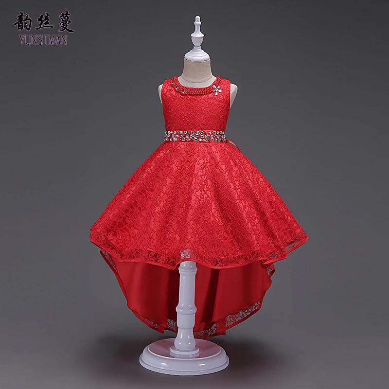 Элегантное детское платье для девочек 4, 6, 8, 10, 12-14 лет, Жемчужное Красное Кружевное праздничное платье с хвостом вечерний костюм принцессы для девочек 1Q36A