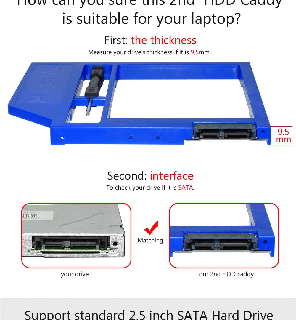 Sunvalley пластиковый SATA 3,0 Универсальный 2-ой HDD Caddy для 9 мм 9,5 мм DVD/CD-ROM ноутбук Optibay с ободком 2,5 дюймов чехол для SSD, HDD