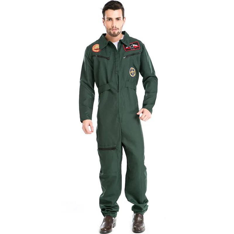 Хэллоуин человек летчик военный костюм комбинезон пилота фантазия костюм на молнии армейский зеленый военно-воздушные силы Косплей униформа