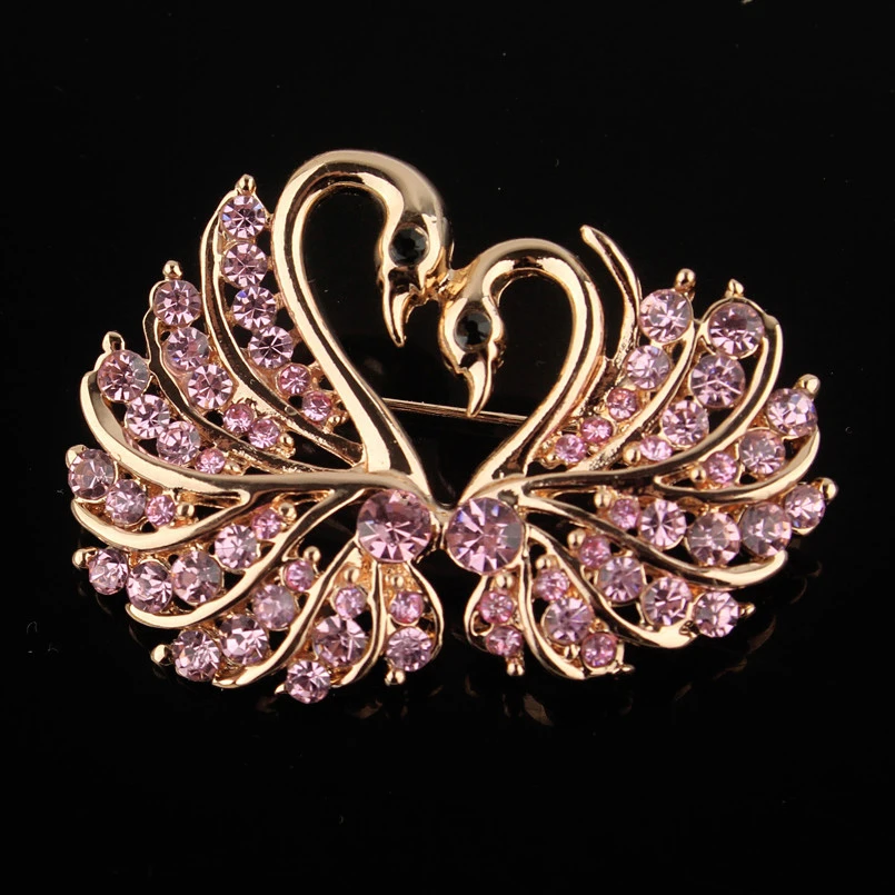 Cute Crystal Swan Brooch Pins Gold Color Lovers Animal Rhinestones Brooches for