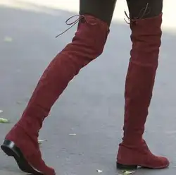 2017 низменности Сапоги выше колена вино черный серые замшевые облегающие сапоги уличный стиль женские ботинки с высоким голенищем ботинки