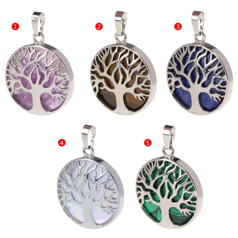 

JAVRICK Vintage Pendant Tree Of Life Round Natural Stone Handmade DIY Jewelry Necklace Women Men 5 Style