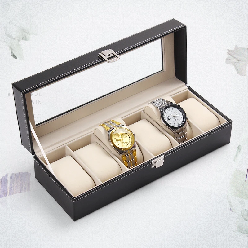 Six watches Cases Black Leather Watch Display Slot Box Jewelry Storage