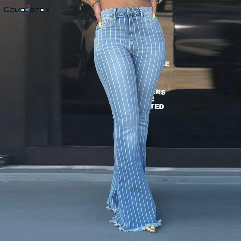 Женские джинсовые полосатые штаны клеш с бахромой с высокой талией уличные джинсы Широкие Брюки Повседневная одежда женские брюки