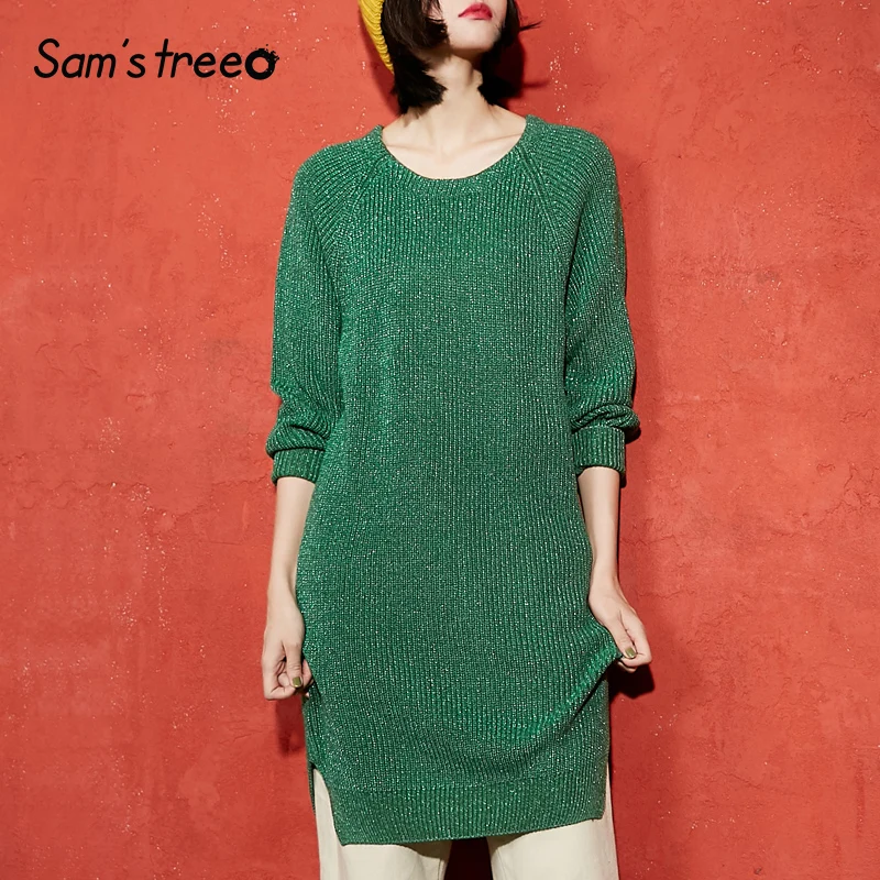 

Samstree Spring Autumn Women Knitted Sweaters Thread Side Slit Batwing Sleeve O-Neck Long Female Pullover Solid Color