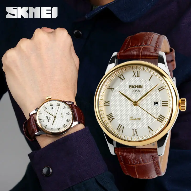 SKMEI 9058 Мужские кварцевые наручные часы модные женские с кожаным ремешком деловые