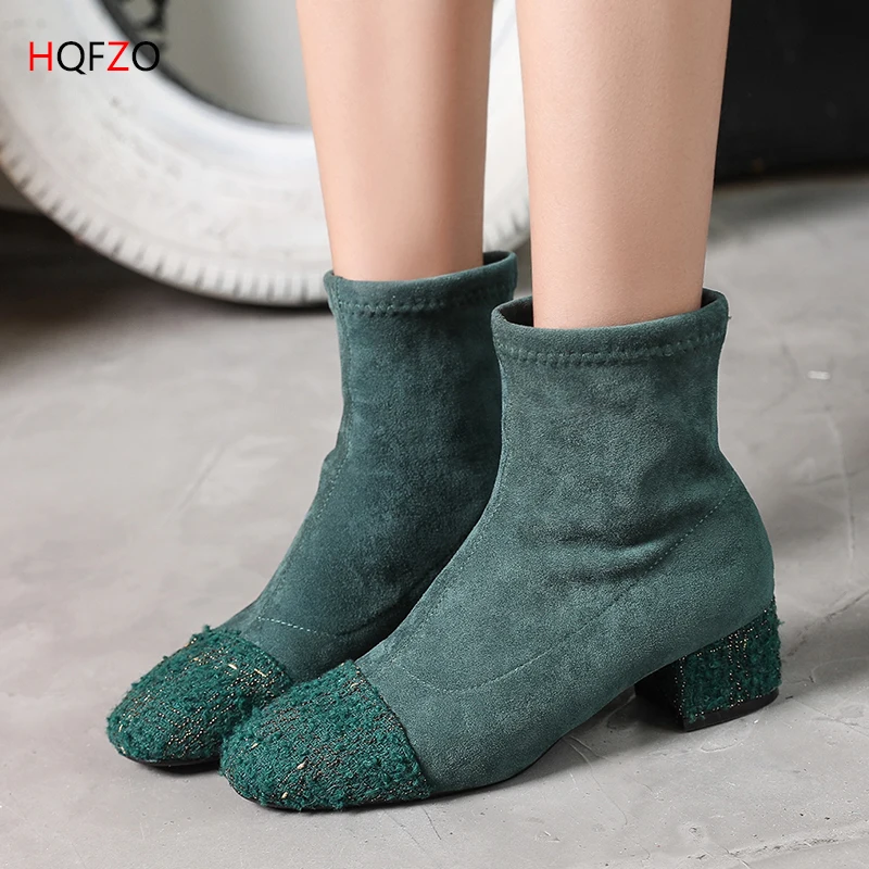 

HQFZO Winter Women Boots Flock Warm Ankle Snow Boots 2018 Platform Fashion Woman Slip On Block Heels Chelsea Boots