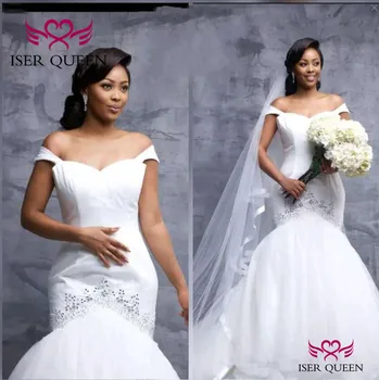

Natural Cap Sleeves Soft Satin with Bright Sequined and Embroidery Vestido Mermaid Tiered Lace Bride Dresses Custom Made w0606