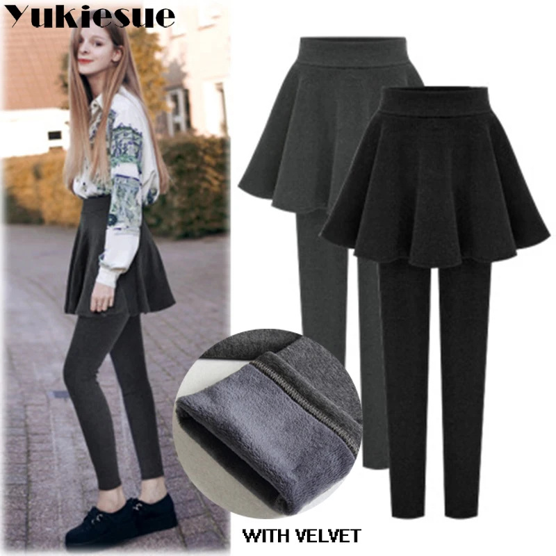 

2018 Fleece Lady Warm Skinny Pants for women Plus Size 5XL 6XL Skirt + Long Trousers Women Black Winter Leggings fake 2pieces