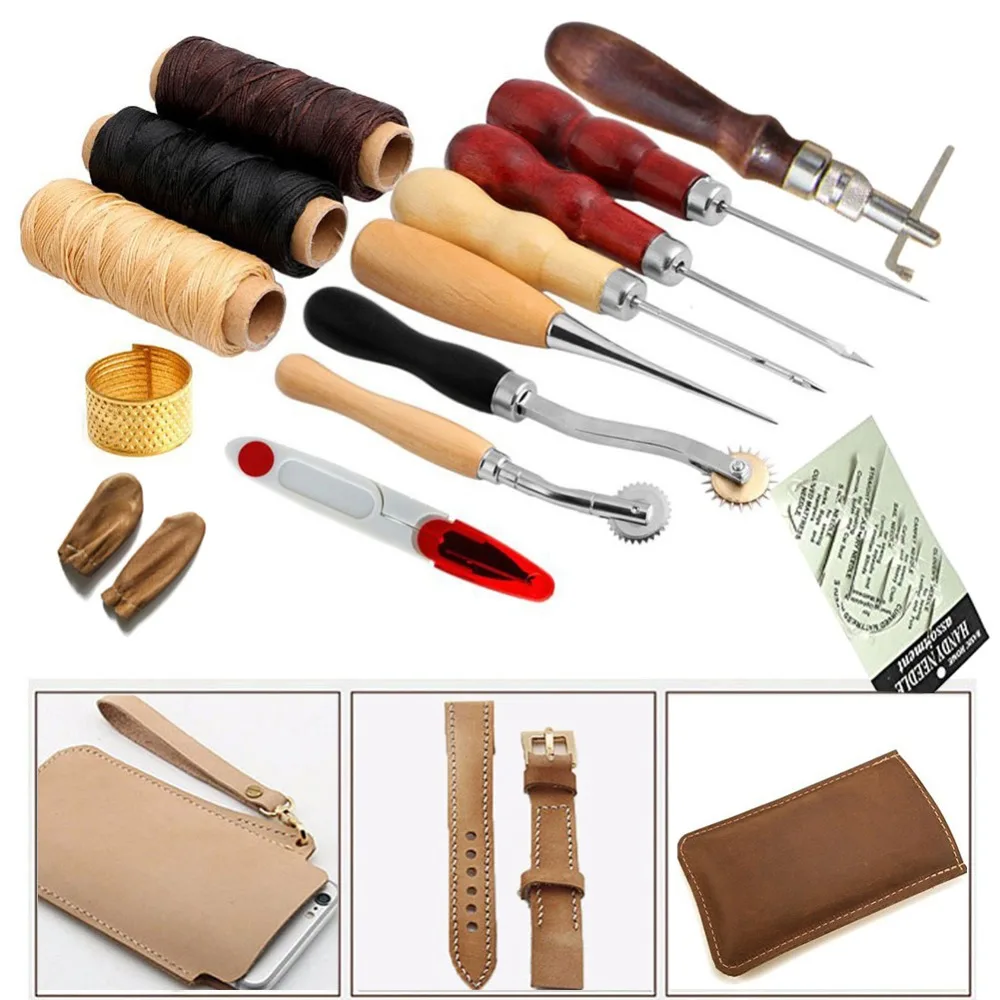 

14Pcs Leather Craft Set Hand Stitching Sewing Tools DIY Rope Needle Thimble Thread Awl Handwork Kits