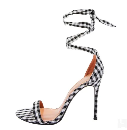 

Black White Plaid Lace-up Woman High heel Sandal Sexy Open Toe Thin Heels Gladiator Shoes Cutouts Dress Shoes