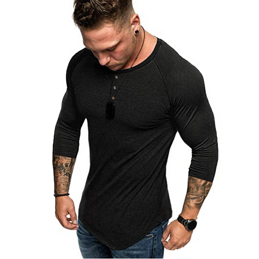 Men's 3/4 Sleeve Tshirt Henley Collar Solid Tee Shirt Streetwear Slim Stylish Hipster Tshirt Male Three Quarter Sleeve Clothes T