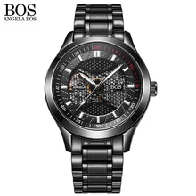 ANGELA BOS Limited Edition Black Mechanical Skeleton Automatic Watch Brands Men Watches Waterproof Steel Luminous Wrist