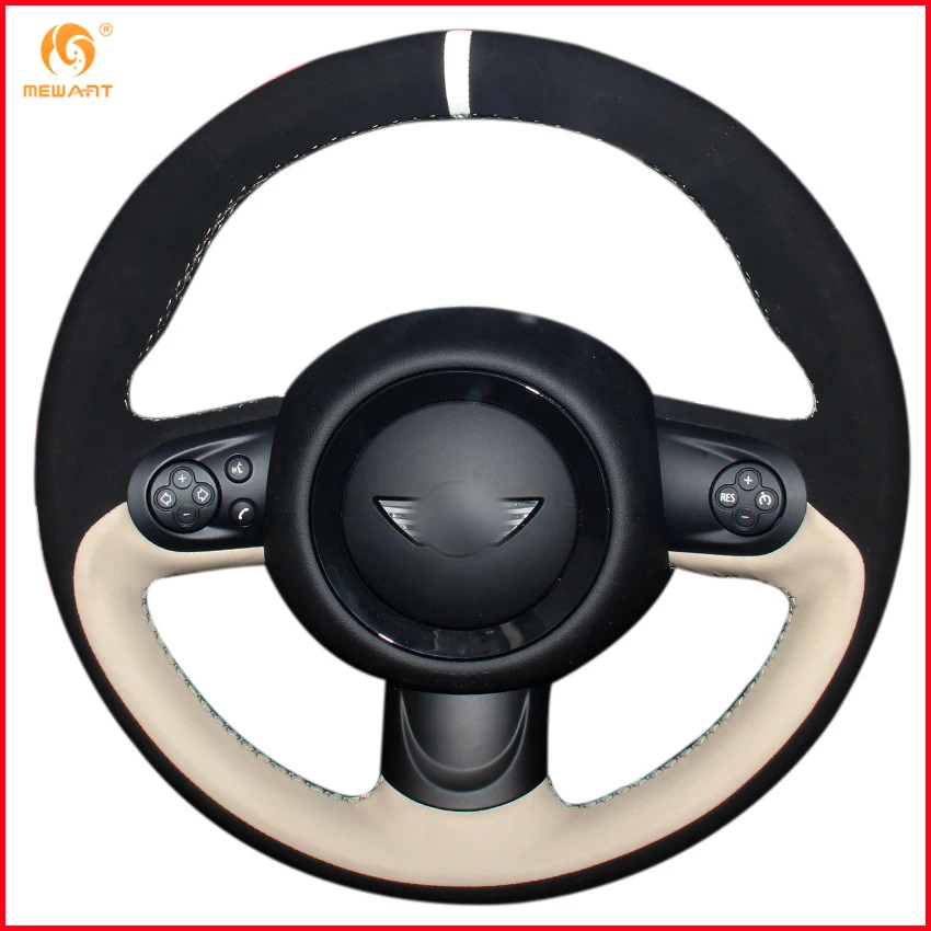 Mewant Beige Genuine Leather Black Suede Car Steering Wheel Cover For