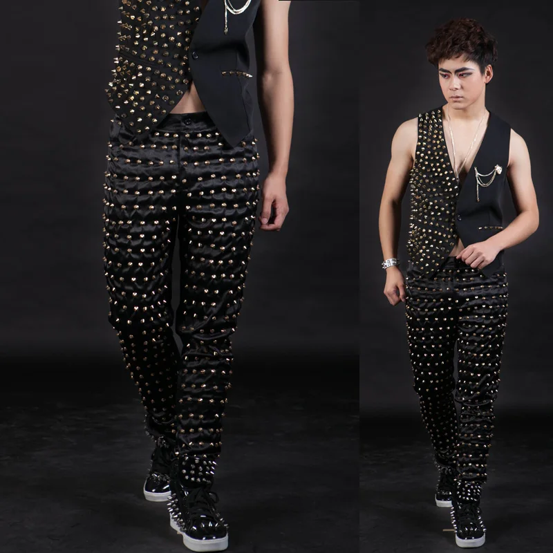 

Nightclubs Male Singer Personality Full Rivets Slim Leather Pants Super stars Show stage trousers DS Costumes