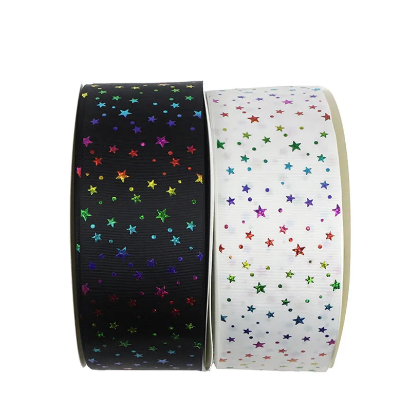 

75-088029,3"75mm 50yds rainbow hologram print little star Grosgrain ribbon DIY handmade bow headdress Gift wrapping