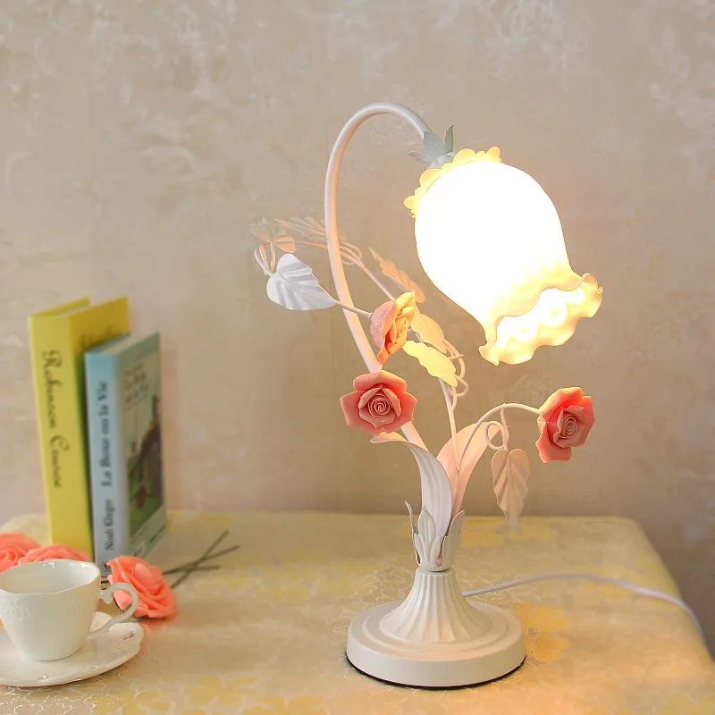 Best Price Pastoral style Korean wrought iron table lamp light pink rose flower bedroom dining room lamp Best Price Pastoral style Korean wrought iron table lamp light pink rose flower bedroom dining room lamp