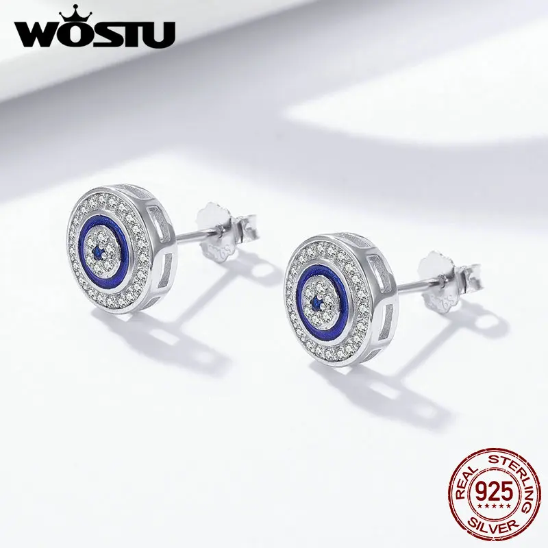 

WOSTU Top Sale 925 Sterling Silver Blue Eye Samsara Round Stud Earrings for Women Fashion Lucky Jewelry Gift FIE148