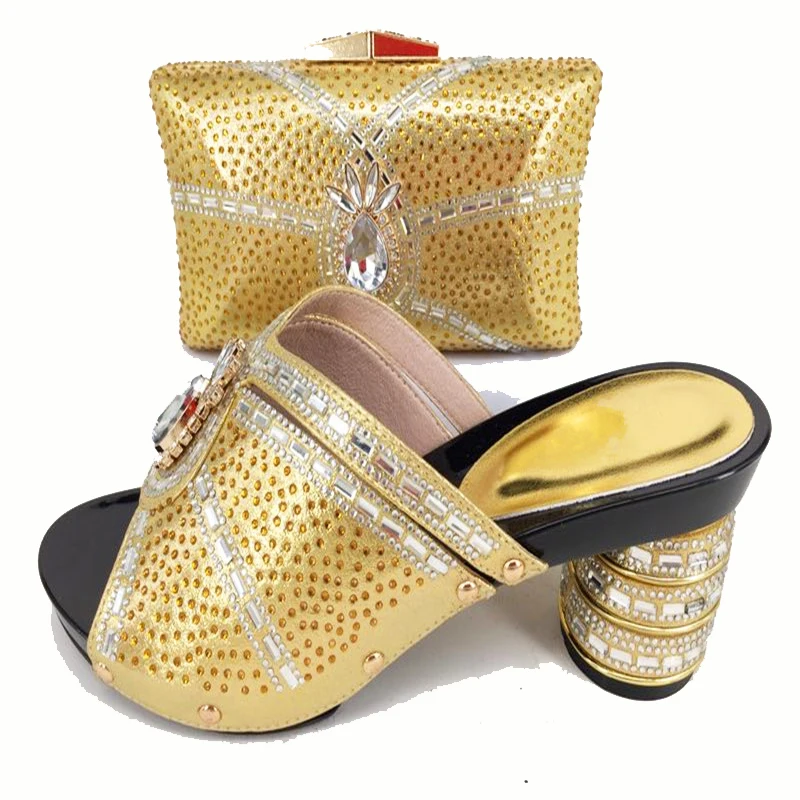 Italy design hand made high quality african aso ebi wedding party gold shoes and bag matching set italian size 37-43 SB8156-5