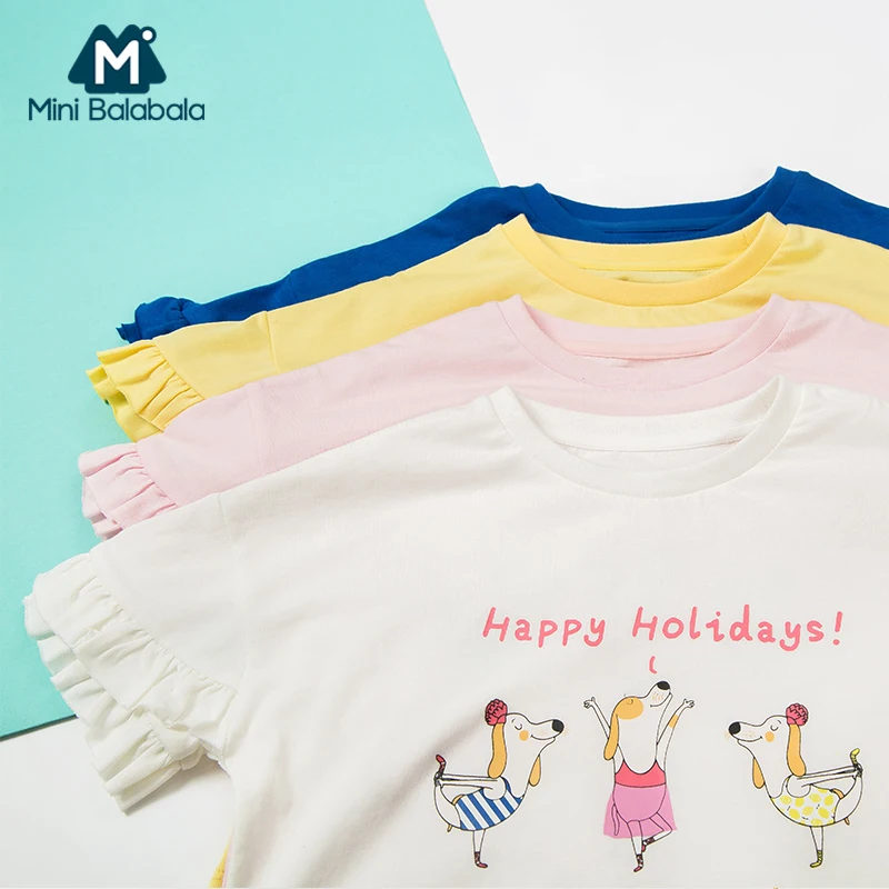 

Mini Balabala Toddler Girl Soft Cotton Ruffled Short-sleeved T-shirt in Print Children Kid Girl Ribbed Crewneck T-shirt Tee Top