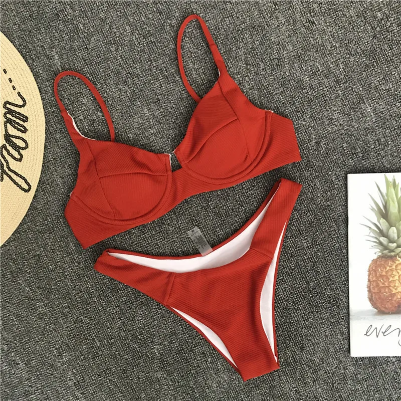 

Beach Bikini new Hot Sale Spaghetti Strap Low Waist Sexy Swimsuit Swimwear Women Summer Women's Solid Underwire Padded Bra