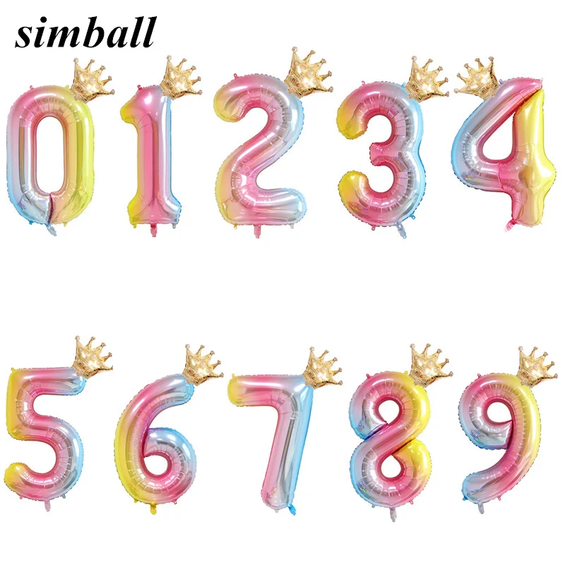 

2PCS 32inch Gradient Rainbow Number Balloons With Crown Baby Boy Girl 1st Birthday Balloon Unicorn Party Happy Birthday Balloon
